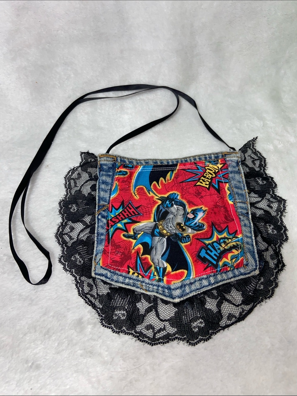 Batman Comic Denim Lace upcycled pocket purse